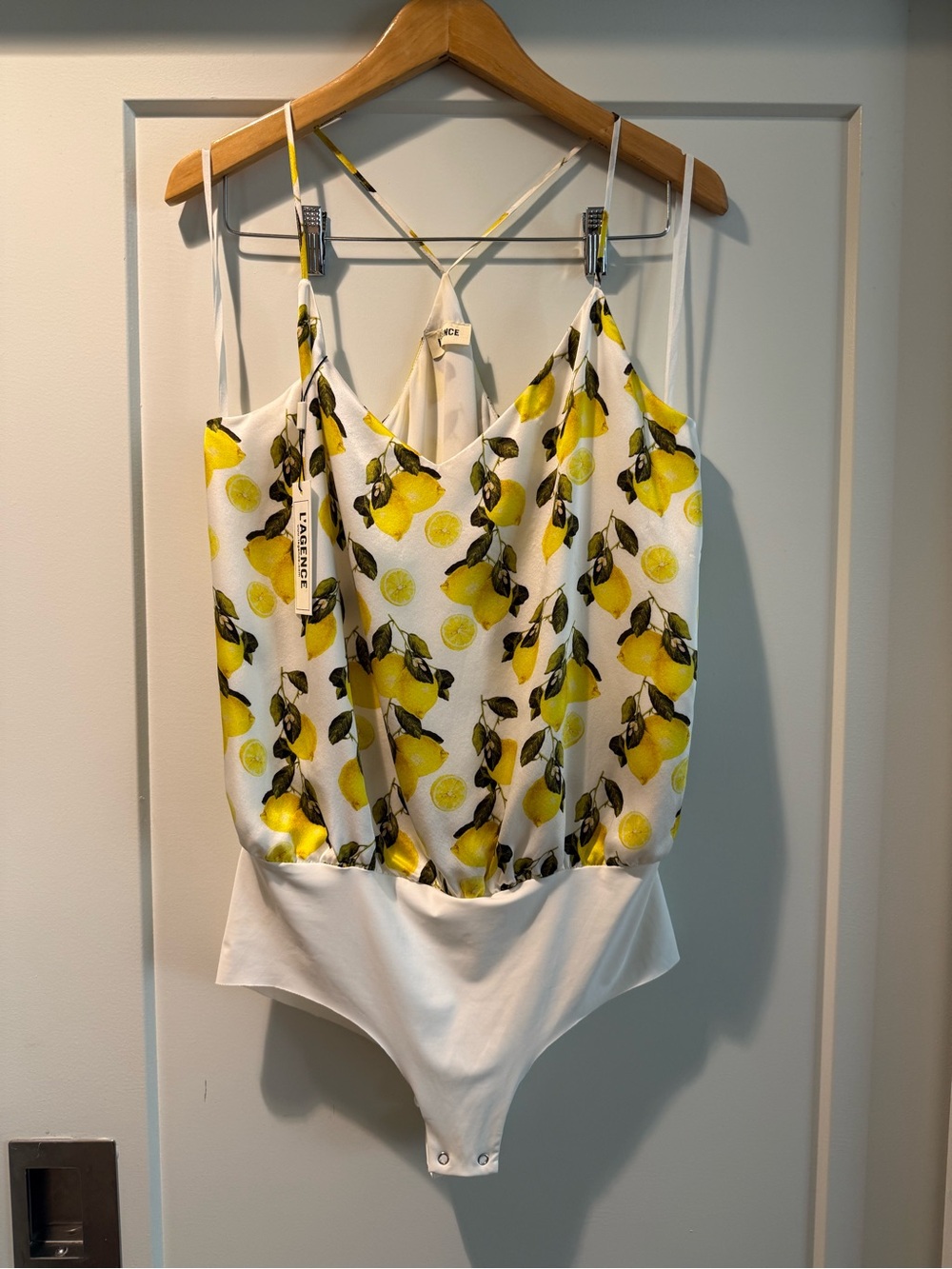 L'AGENCE White Lemon-Print Silk Bodysuit Size Large
